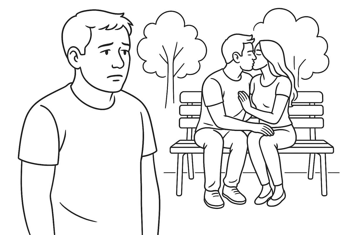 Man in het park observeert verliefd stel
