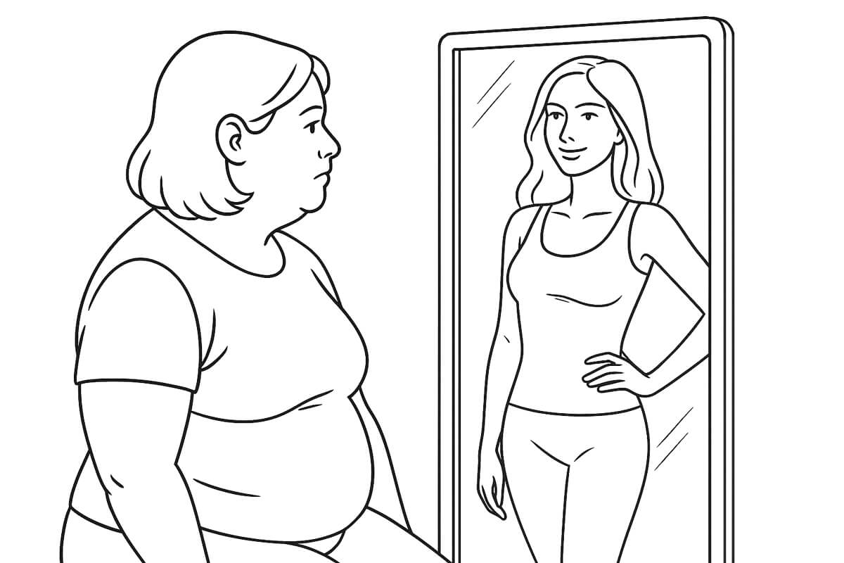 Vrouw kijkt peinzend in de spiegel